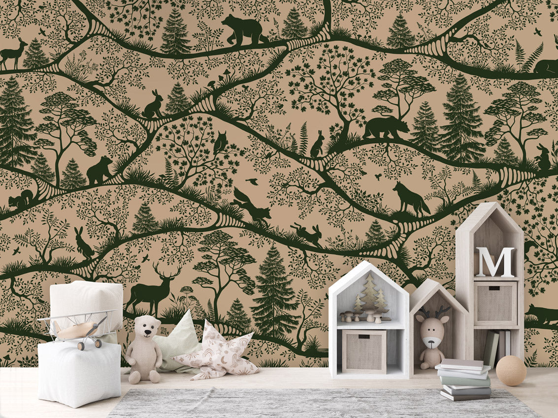 Nordic Nature – Beige Green, letër murale me kafshë pylli – House cabinets