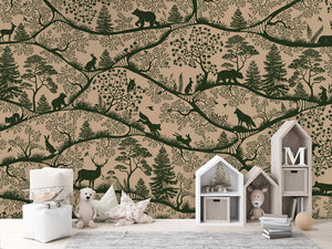 Nordic Nature – Beige Green, letër murale me kafshë pylli – House cabinets