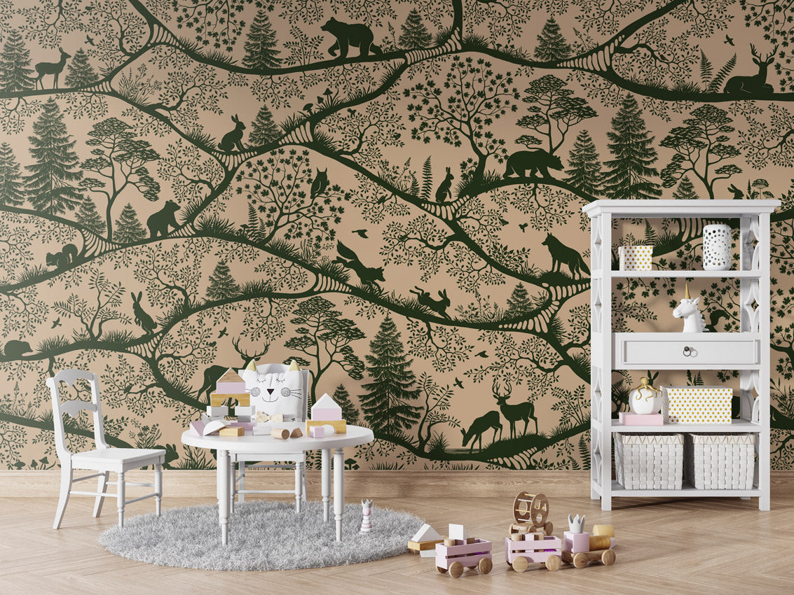 Nordic Nature – Beige Green, letër murale me kafshë pylli – Table and cabinet