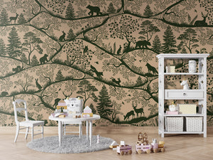 Nordic Nature – Beige Green, letër murale me kafshë pylli – Table and cabinet