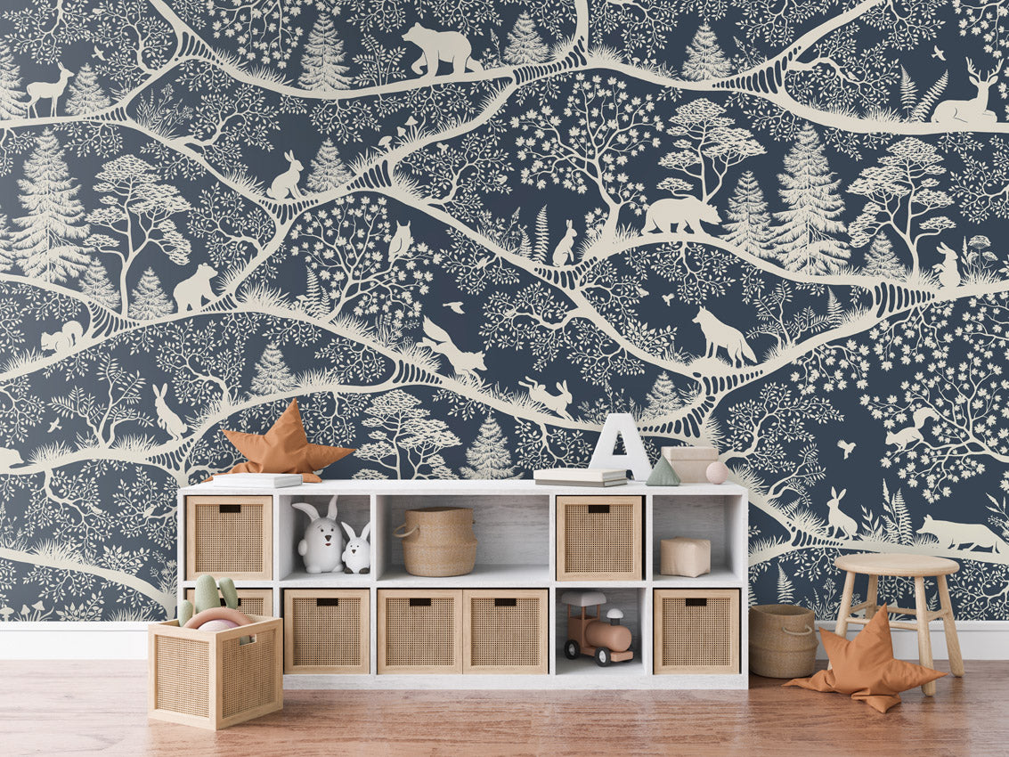 Nordic Nature – Blue White, letër murale me kafshë pylli – Dressoir