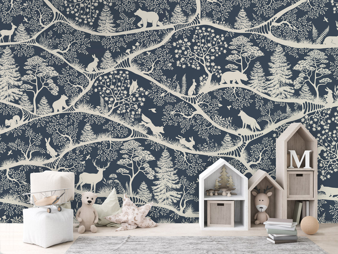 Nordic Nature – Blue White, letër murale me kafshë pylli – House cabinets