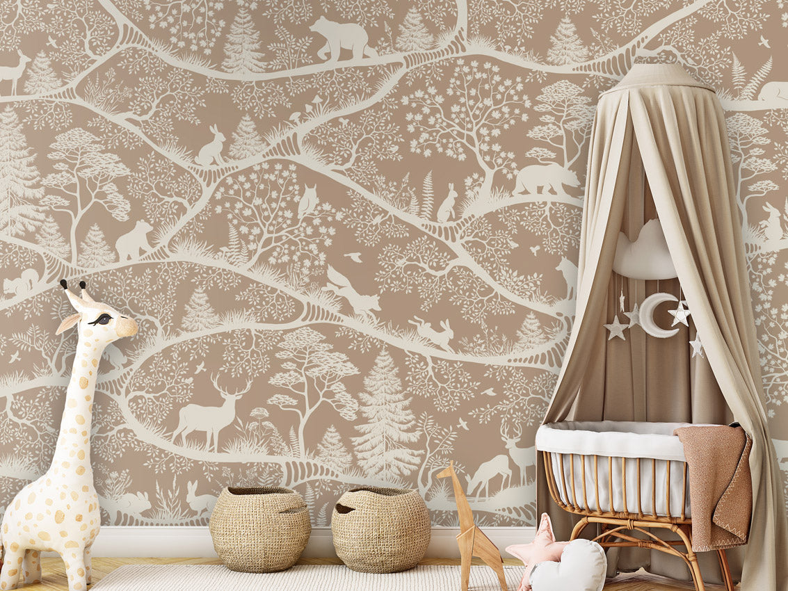 Nordic Nature – Brown White, letër murale me kafshë pylli – Crib clamboe