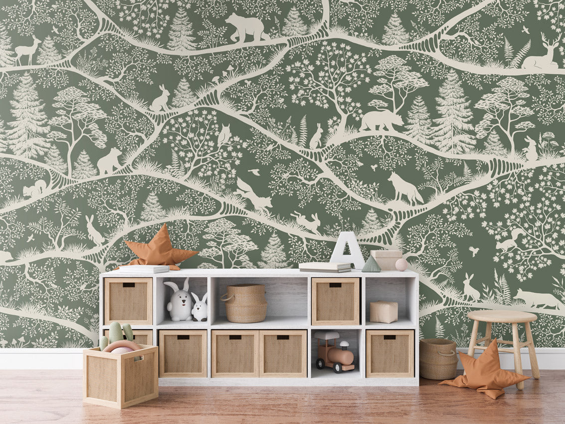 Nordic Nature – Green White, letër murale me kafshë pylli – Dressoir