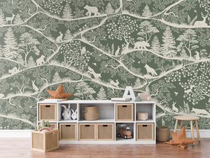 Nordic Nature – Green White, letër murale me kafshë pylli – Dressoir