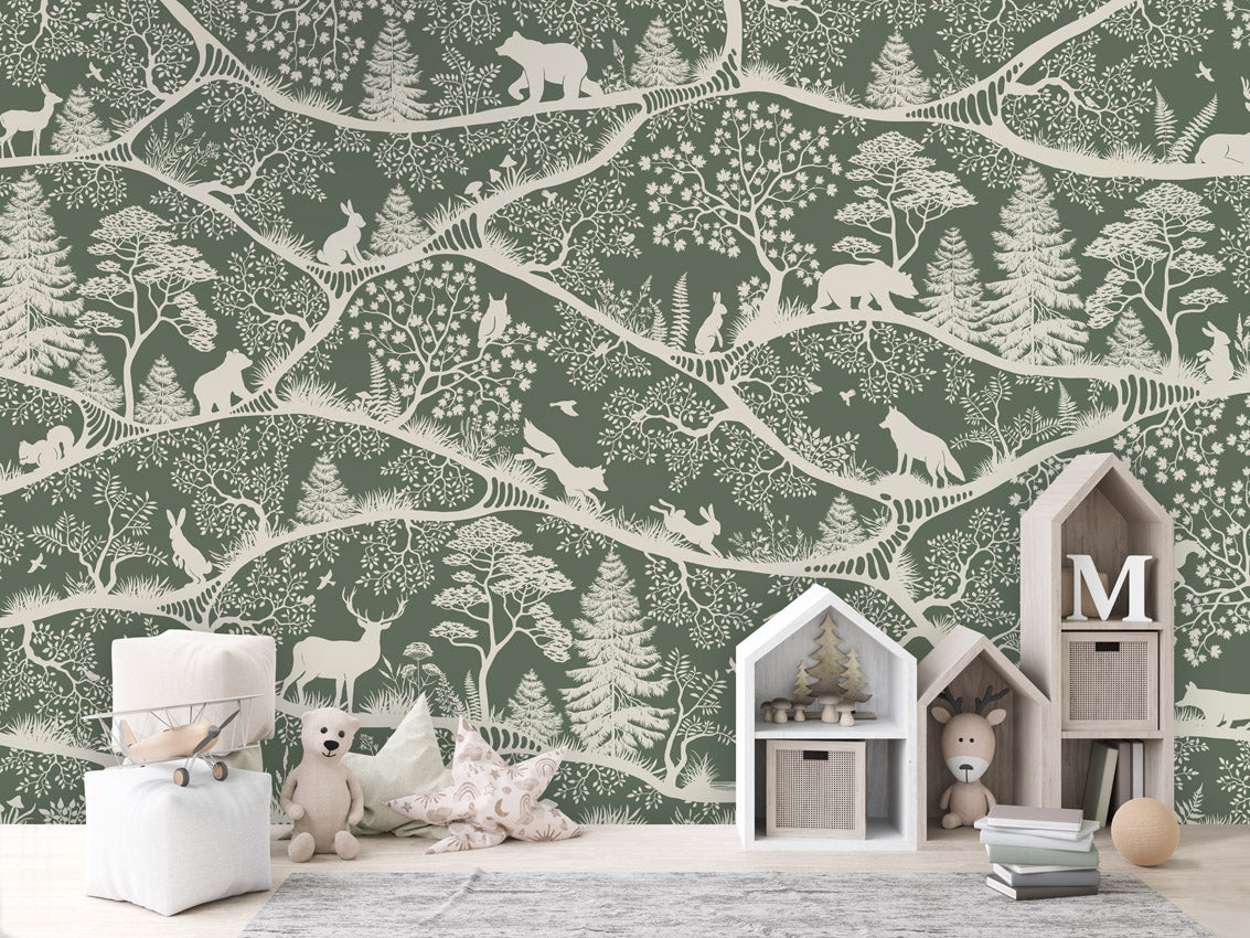 Nordic Nature – Green White, letër murale me kafshë pylli – House cabinets
