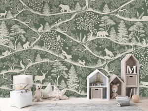 Nordic Nature – Green White, letër murale me kafshë pylli – House cabinets