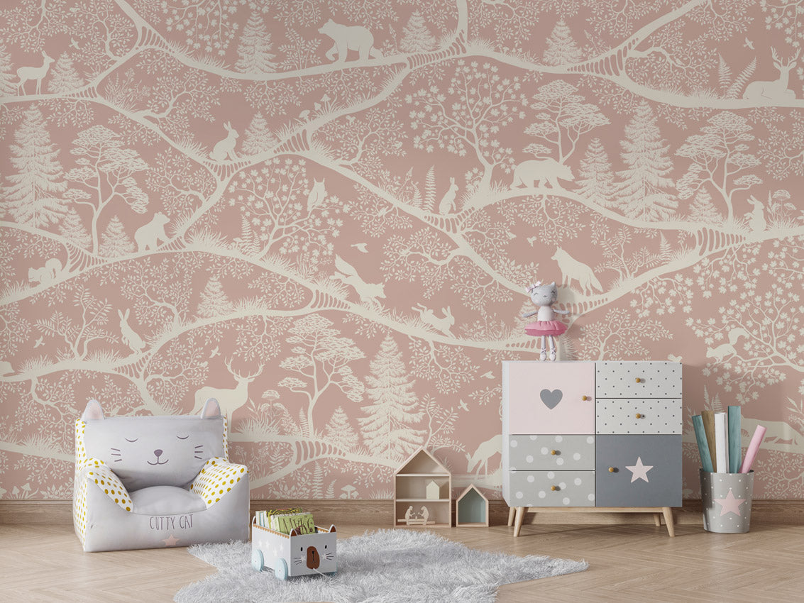 Nordic Nature – Pink White, letër murale me kafshë pylli – Chair and cabinet