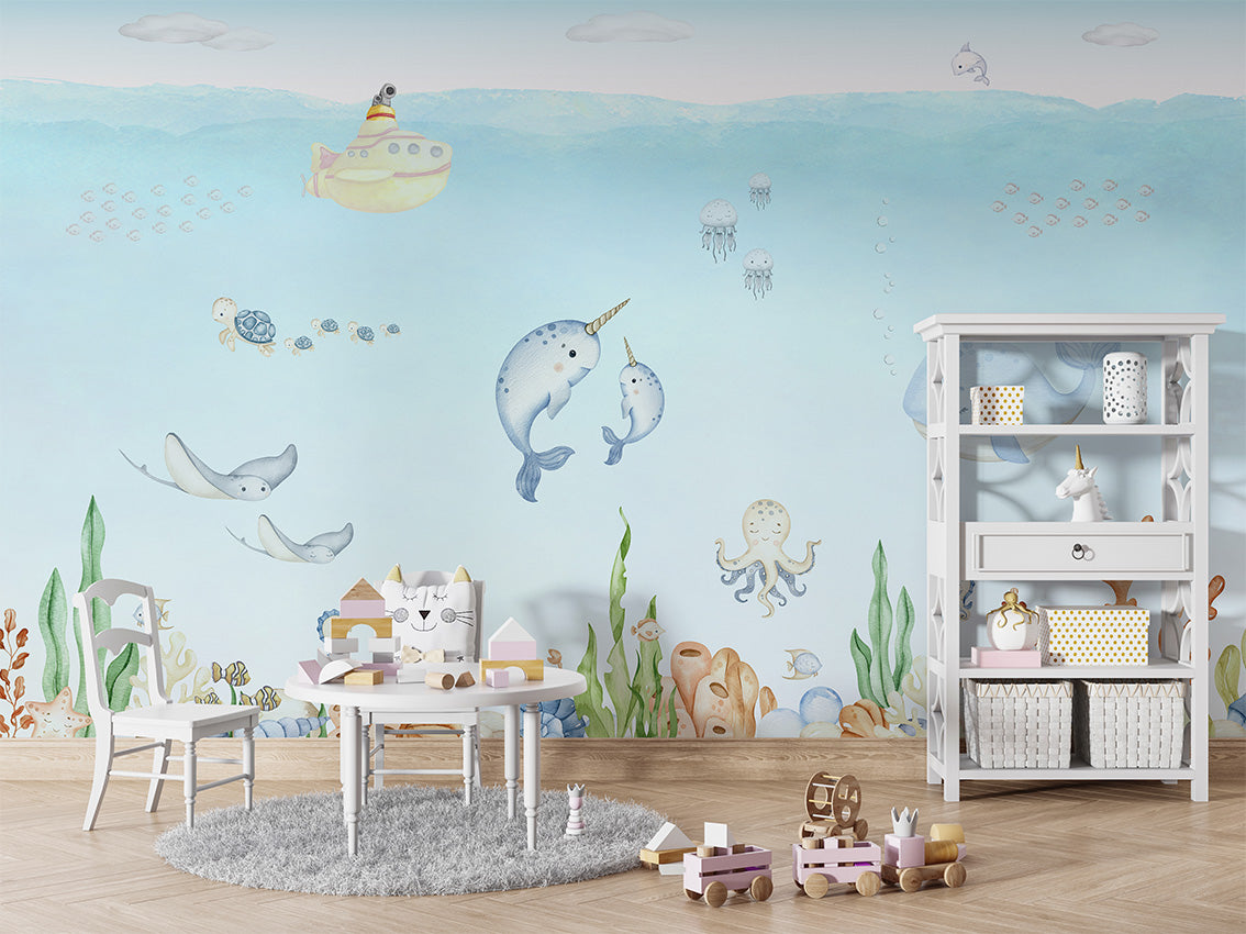 Ocean Joy, letër murale në ambient – Table and cabinet