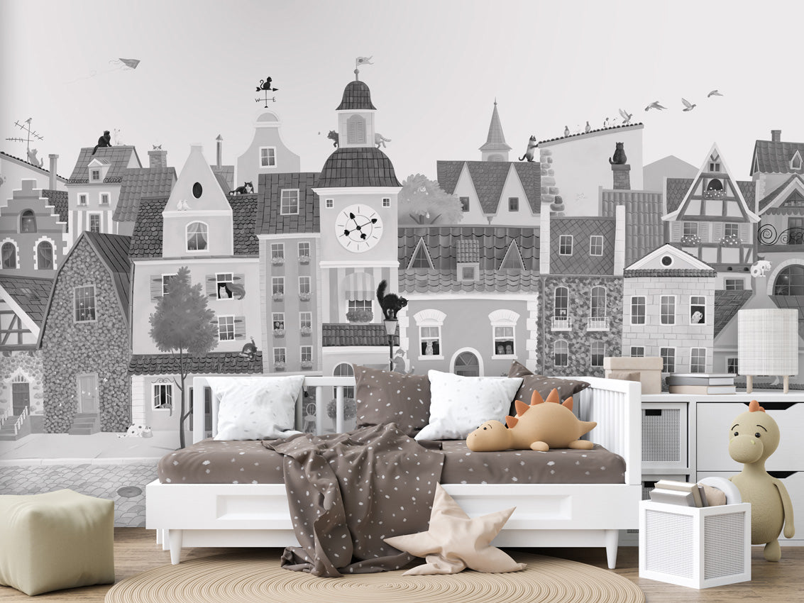 Village Cats Black & White në ambient me divan