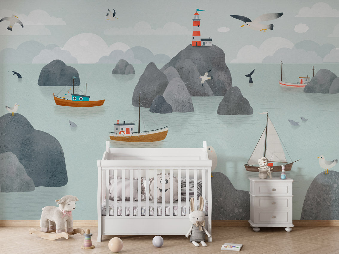 Seaside Story, letër murale në ambient – Crib white