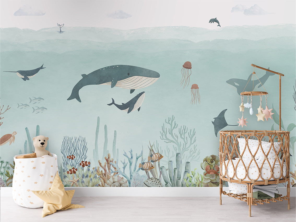 Sensational Sea – Blue, letër murale në ambient – Crib rotan