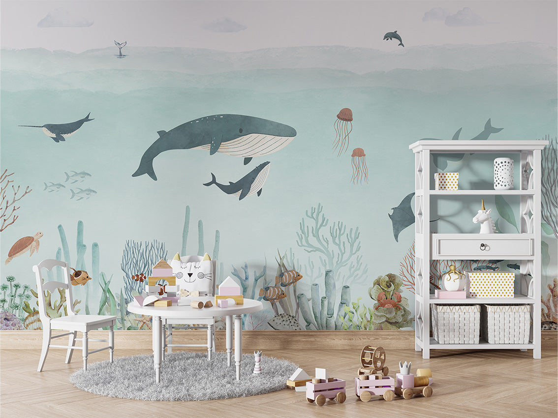 Sensational Sea – Blue, letër murale në ambient – Table and cabinet