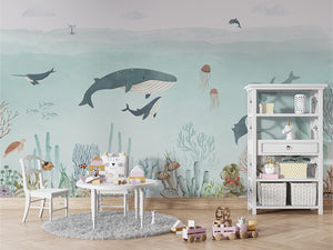 Sensational Sea – Blue, letër murale në ambient – Table and cabinet