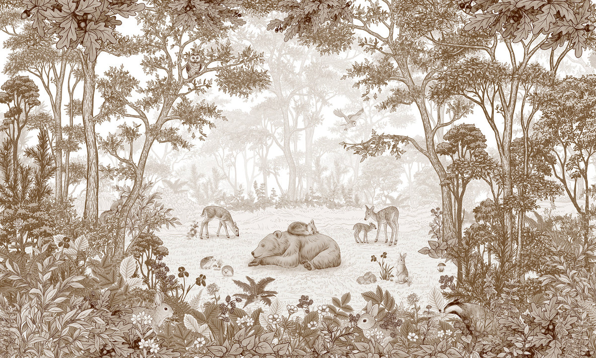 Sleepy Bear - Sepia letër murale Kikki Belle me arinj dhe kafshë pylli.