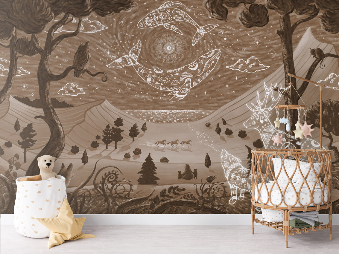 Spirit Night – Brown, letër murale në ambient – Crib rotan